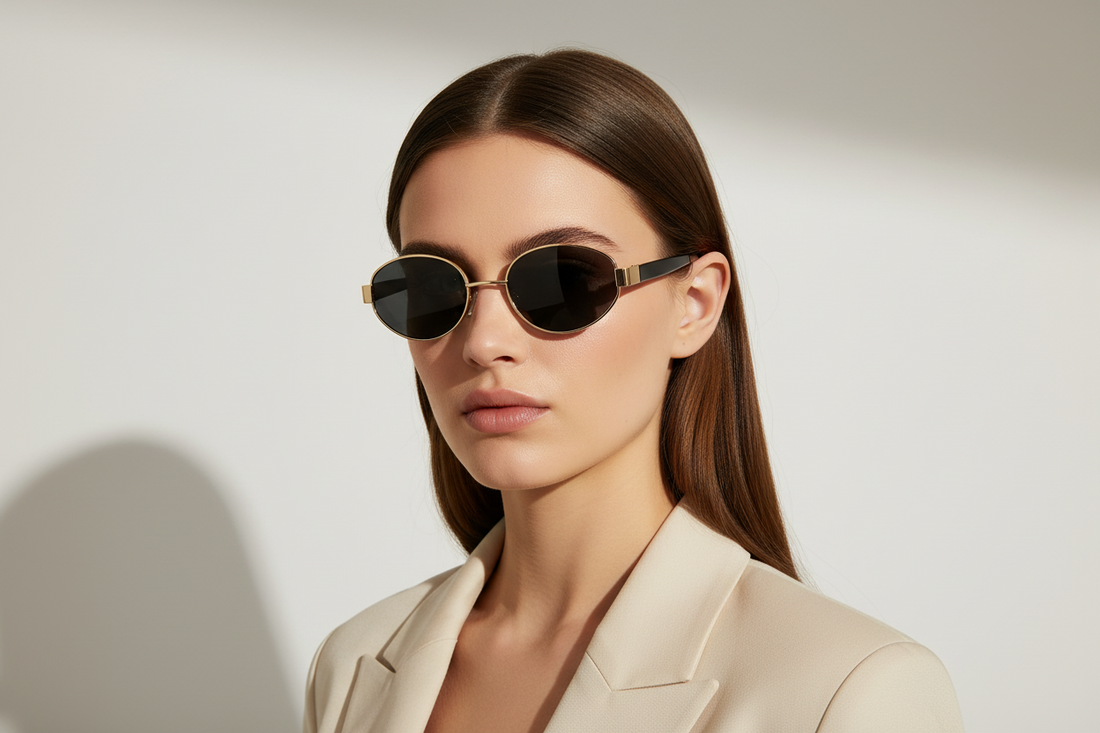 Sunglasses with gold frame and black lenses on a light gray background