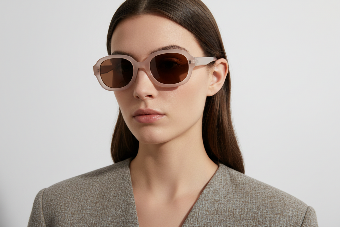 Sunglasses with a clear frame and brown lenses on a light gray background