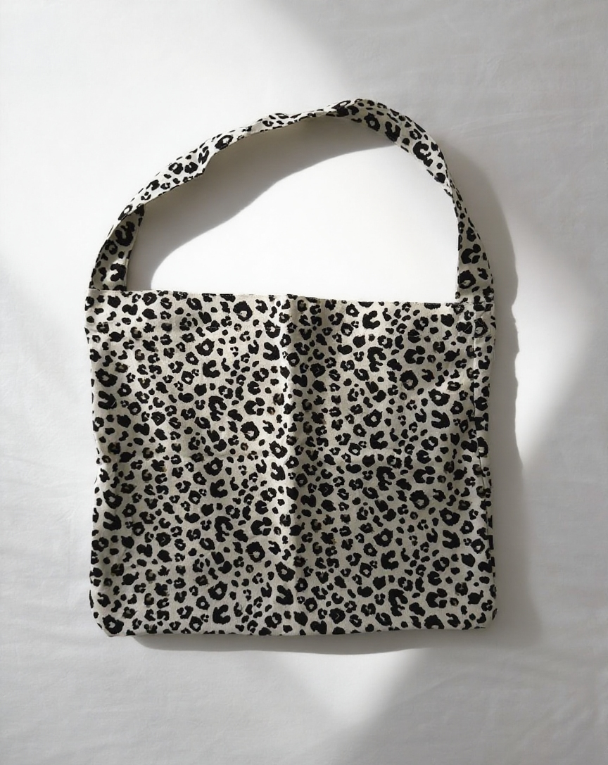 Leopard print handbag on a light gray background