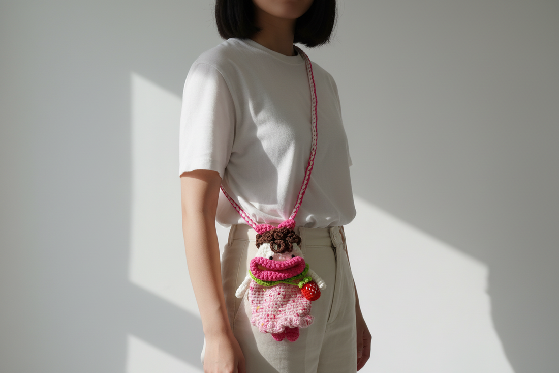 Crocheted character with pink dress and red strawberry on a white background