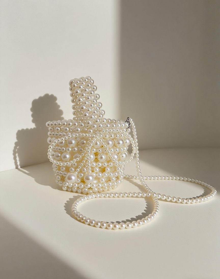 Pearl-handled handbag on a light surface with a soft shadow