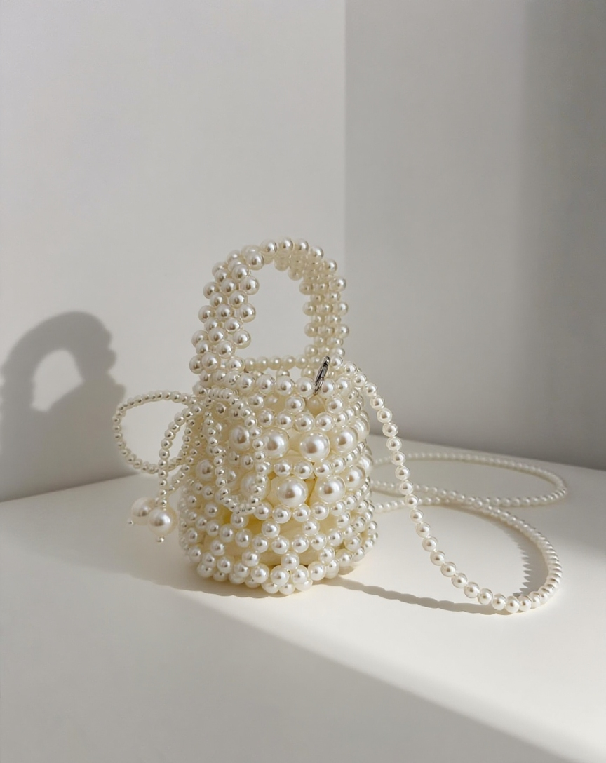 Pearl-handled handbag on a light surface with a soft shadow