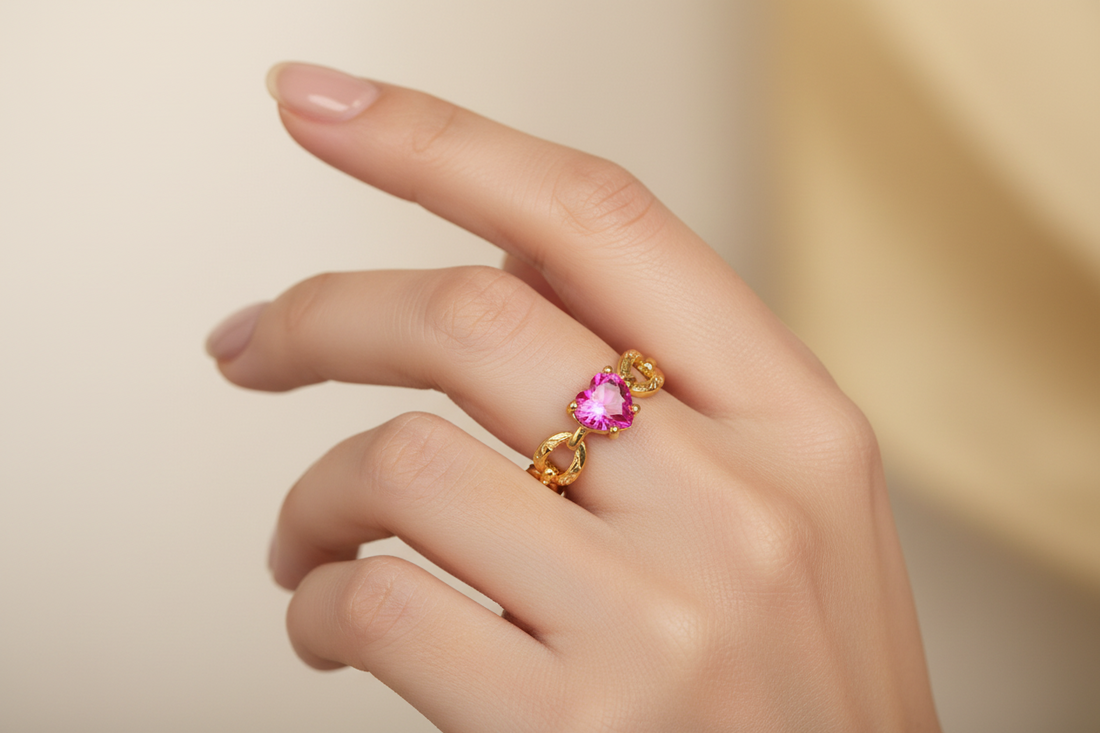 Pink heart-shaped zircon ring