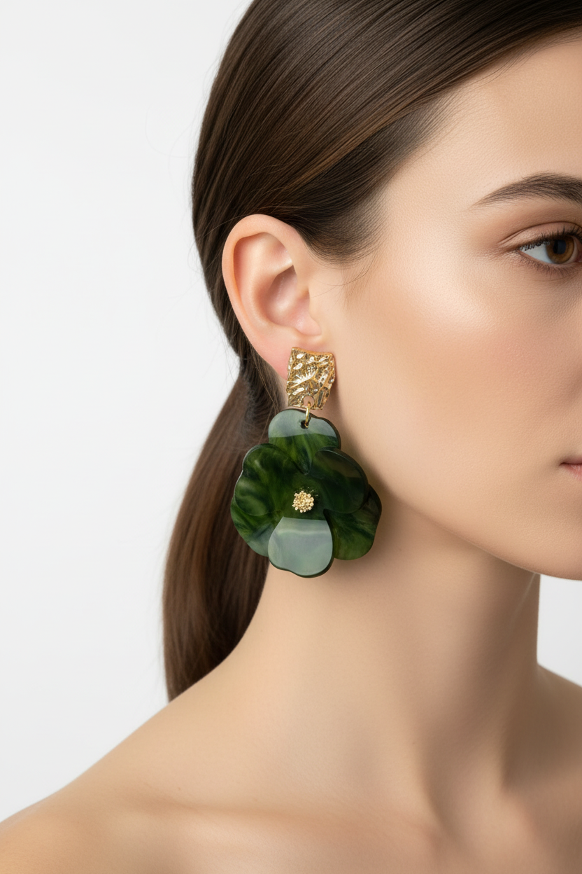 Close-up of a woman wearing a green floral earring with gold accents on a plain background