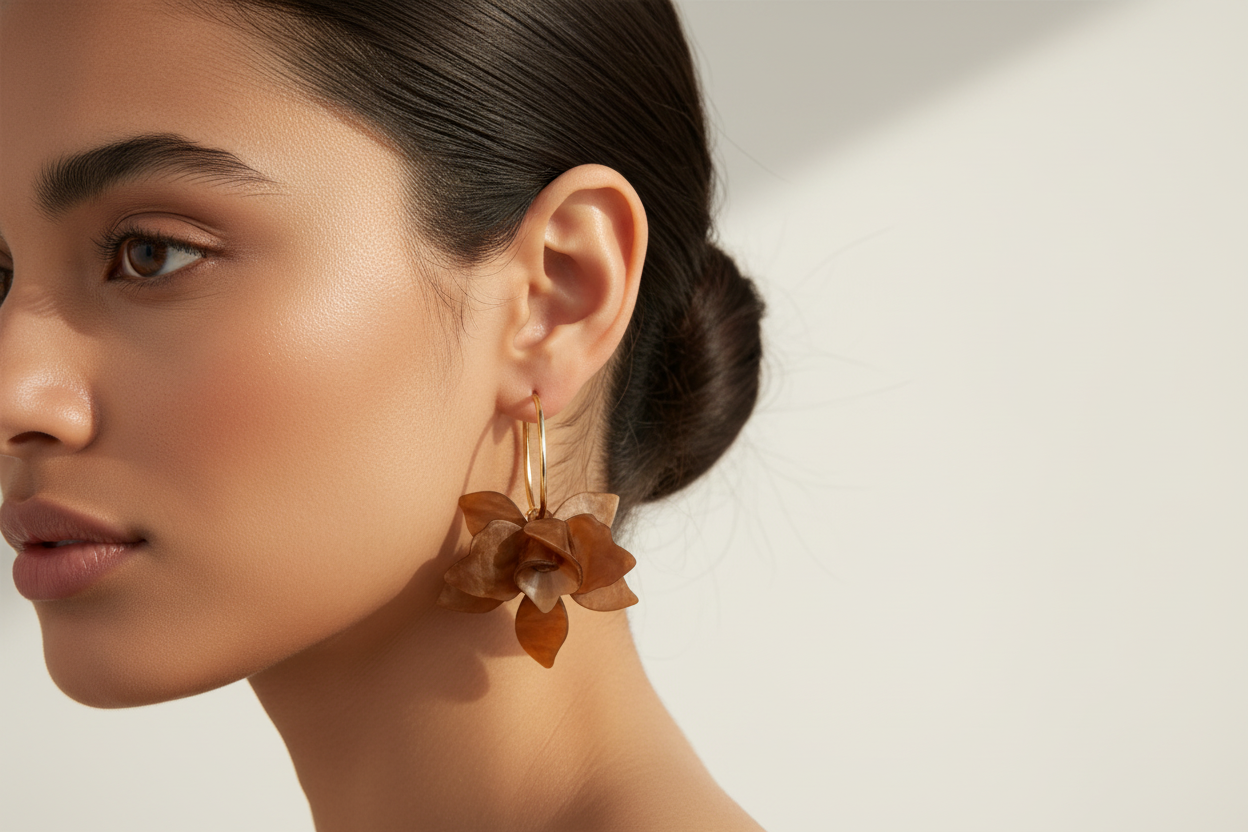 Brown flower-shaped earrings on gold hooks against a white background