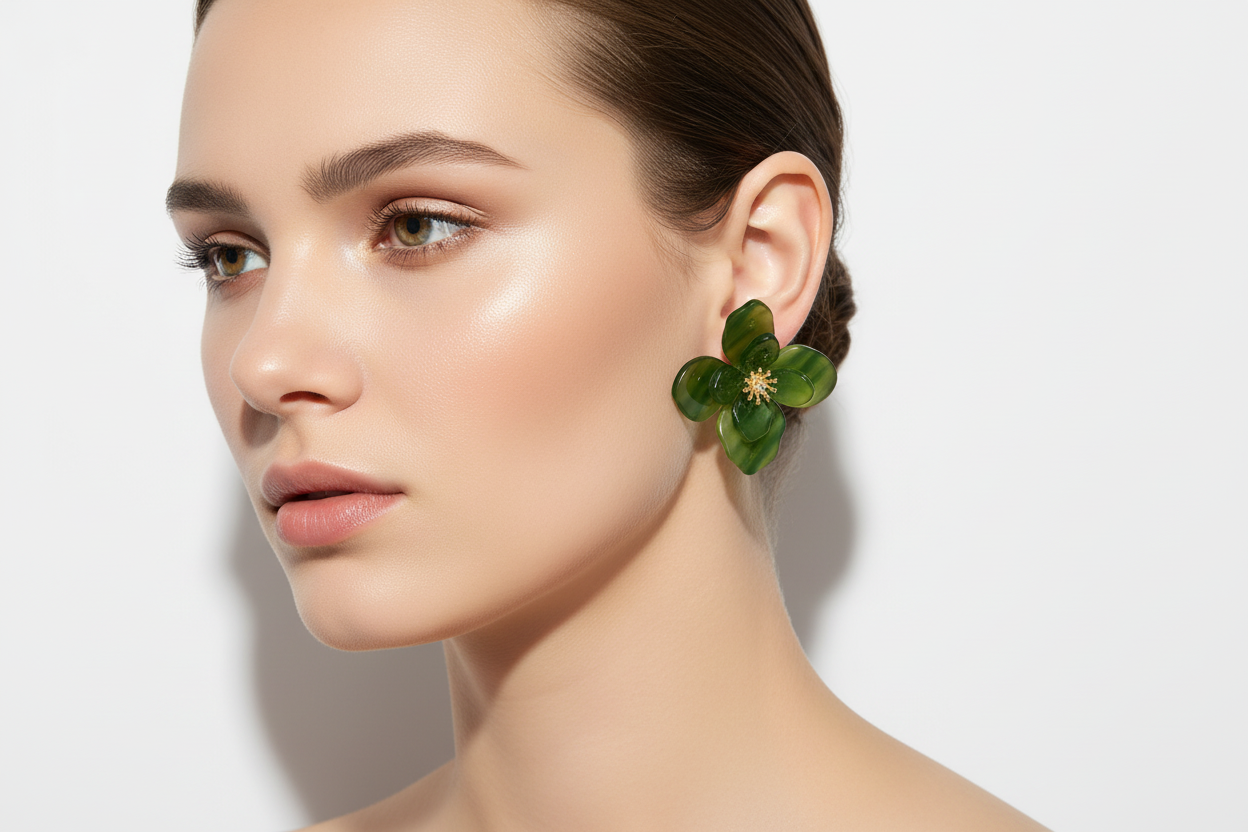 Woman wearing green floral earrings against a plain background
