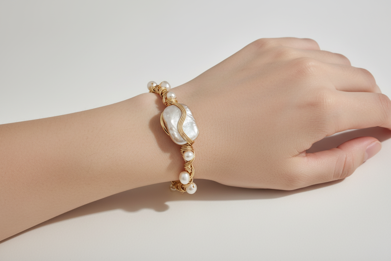 Hand wearing a gold bracelet with pearl accents on a light background